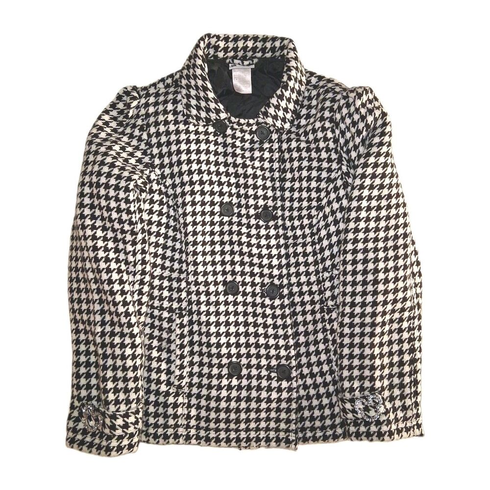 Disney Parks Houndstooth Pea Coat Black And White Children's L Spread Collar